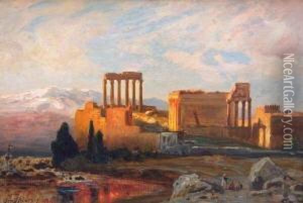 Antike Tempelanlage Im Abendrot (baalbeck Am Libanon ?) Oil Painting - Ernst Carl Eugen Koerner