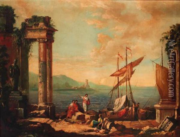 Figures Resting By A Ruined Temple On A Quay Oil Painting - Claude Lorrain (Gellee)