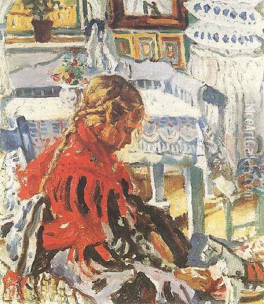 Girl Sitting in a Room Oil Painting - Izsak Perlmutter