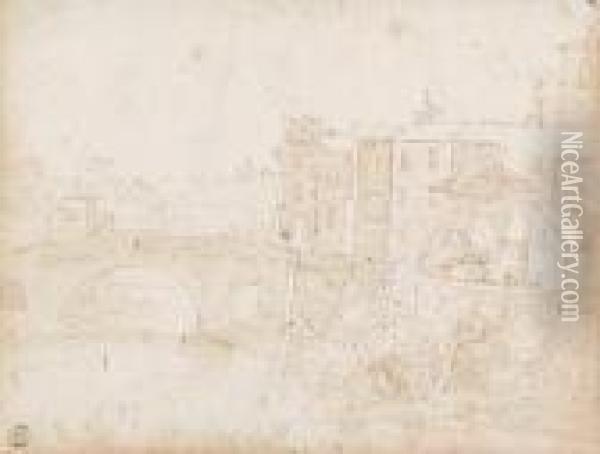 View Of A Roman Fortress At The River Banks Of The Tiber Oil Painting - (circle of) Wittel, Gaspar van (Vanvitelli)