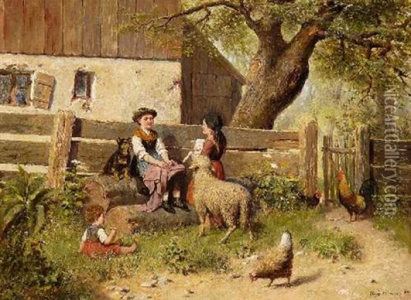 Drei Madchen Mit Schafen Und Huhnern Am Zaun Oil Painting - August Kraus