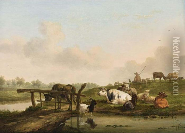 A River Landscape With A Shepherd And His Cattle Resting Oil Painting - Balthasar Paul Ommeganck