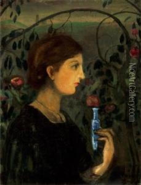 Woman In Rose-arbor Oil Painting - Lajos Gulacsy