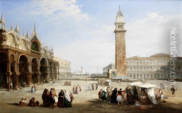 A View Of St. Mark's Square, Venice, With San Giorgio Maggiore In The Distance Oil Painting - Edward Pritchett
