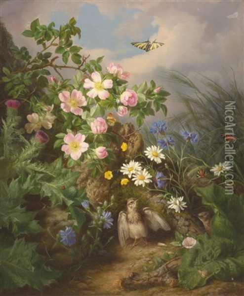 Stillleben Mit Vogel (still Life With Bird) Oil Painting - Josef Lauer