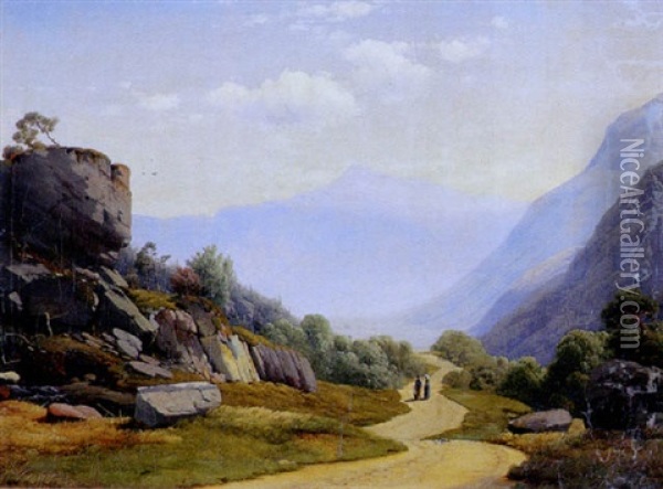 Bjerglandskab Med Gaende Personer Oil Painting - Anton Edvard Kjeldrup