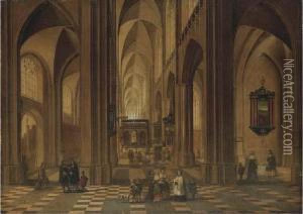 The Interior Of A Cathedral With Elegant Company Oil Painting - Pieter Neefs The Elder, Frans The Younger Francken