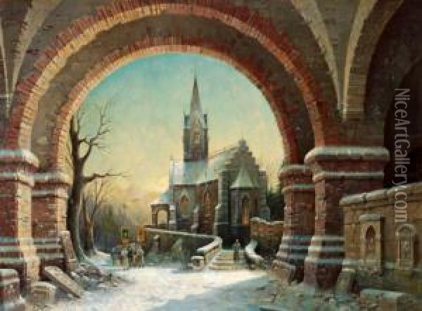 Winterliche Prozession Bei Einer Kirche Oil Painting - Albert Bredow