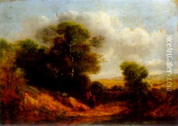 A Country Landscape With Figures By A Pond In The Foreground Oil Painting - Richard H. Hilder