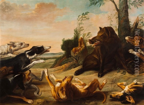 Wild Boar Attacked By Hunting Dogs Oil Painting - Paul de Vos