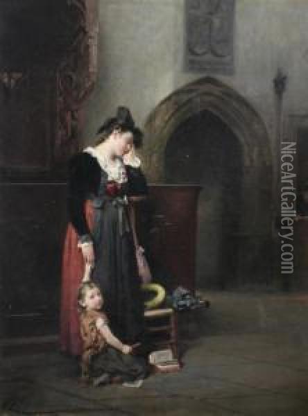 Mother And Child In A Chapel Oil Painting - Adolphe Weisz