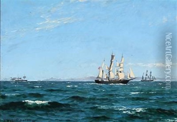 Seascape With Sailing Ships At Sea On A Cloudless Summer Day Oil Painting - Carl Ludvig Thilson Locher