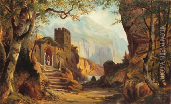 Burganlage In Gebirgiger Landschaft Oil Painting - Anton Brioschi