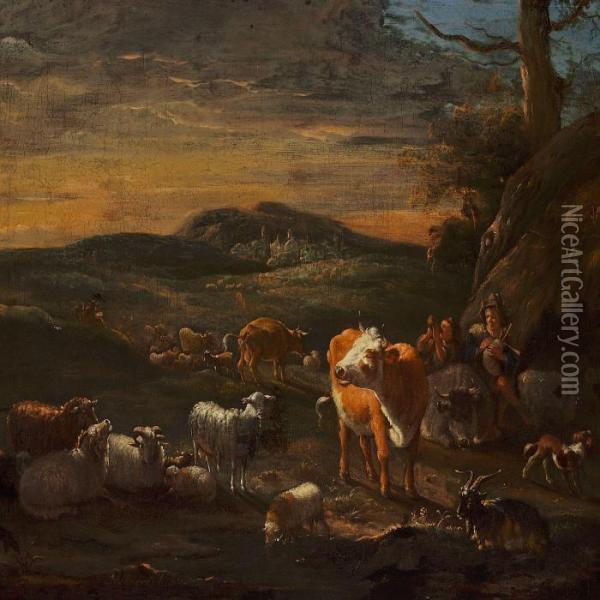 A Shepherd With His Flock Oil Painting - Michiel Carre