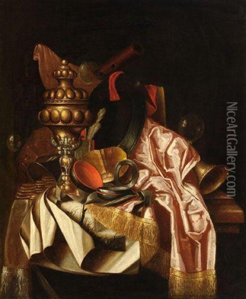A Vanitas Still Life With 
Amongst Others A Gilt Pineapple Shaped Goblet, Musical Instruments And A
 Watch Oil Painting - Franciscus Gysbrechts