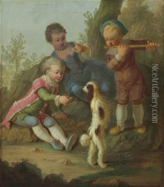 Three Children Playing With A Dog Oil Painting - Francois Eisen