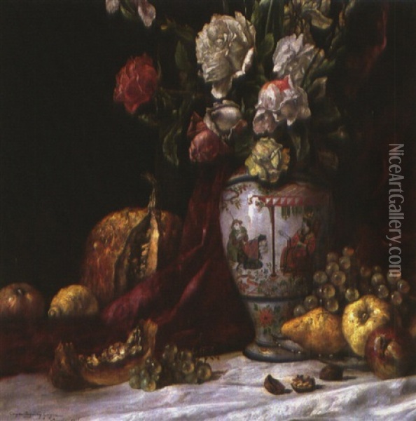 Vase Mit Blumen, Kurbis Und Weiterem Obst Oil Painting - Augustin Caspar Geiger