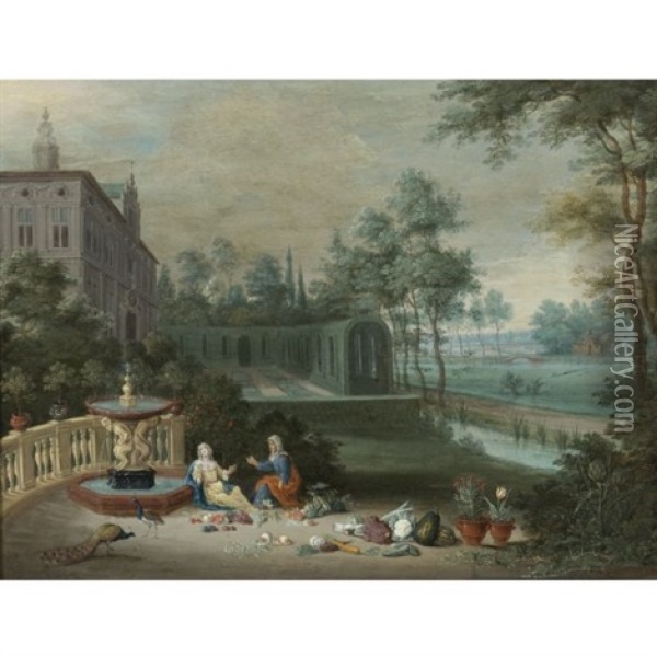 Vertumnus And Pomona In The Garden Of A Villa Oil Painting - Peter Gysels