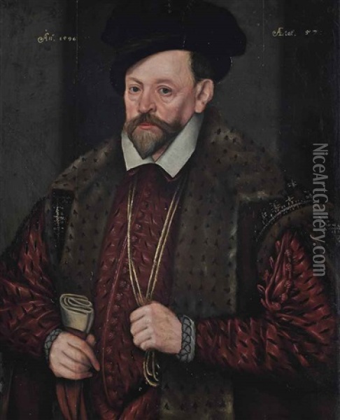 Portrait Of A Gentleman, Half-length, In A Red Doublet And A Fur-trimmed And Embroidered Coat, With A Black Hat And Gloves In His Right Hand Oil Painting - John Decritz the Elder