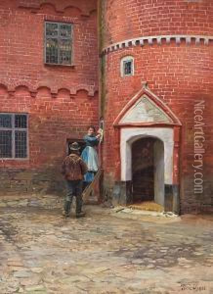 Morgning Visit, In The Courtyard On Sonderborg Slot Oil Painting - Tom Petersen