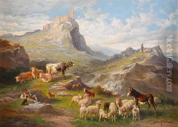 Berglandskap Med Boskap Oil Painting - John (Giovanni) Califano