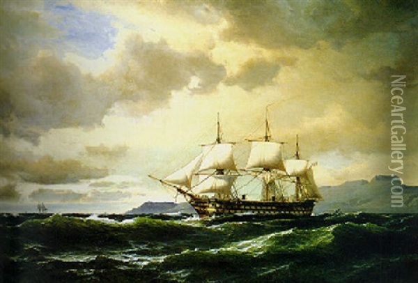 A Screw-powered Three-decker Of The French Navy, Under Sail And Steam Off The Mediterranean Coast Oil Painting - Daniel Hermann Anton Melbye