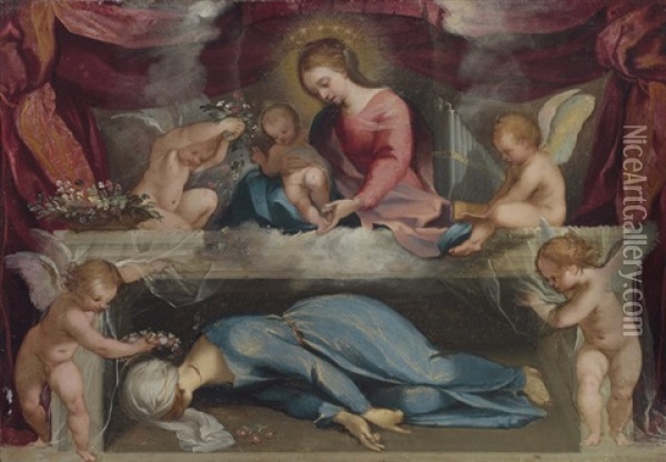 The Madonna And Child With The Martyred Saint Cecilia And Infant Angels Oil Painting - Ventura Salimbeni