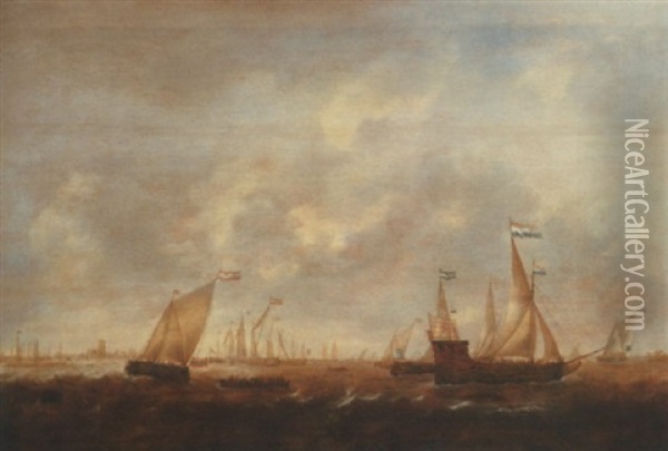 The Zeeland Fleet On The Merwede, Dordrecht In The Distance Oil Painting - Jacob Adriaenz. Bellevois