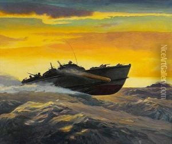 American Torpedo Boat In Rough Seas. Oil Painting - Mcclelland Barclay