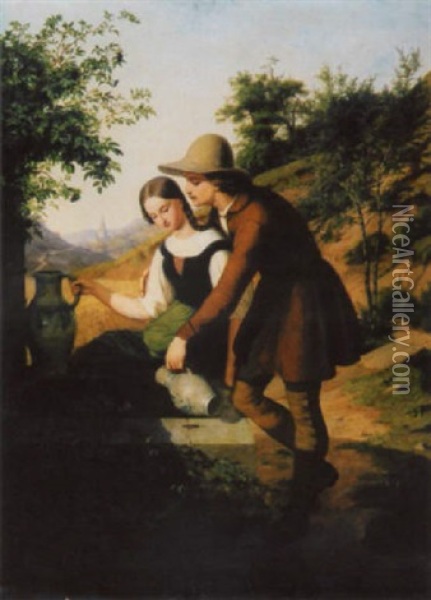 Junges Paar Am Brunnen Oil Painting - Adolf Heinrich Richter