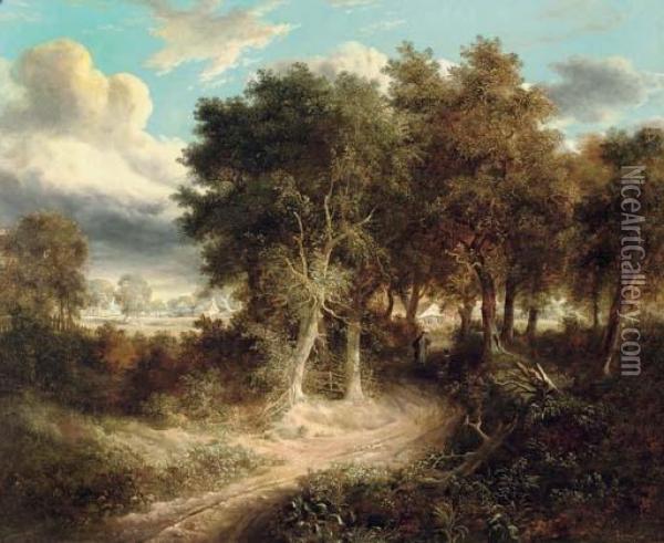 A Wooded Landscape With A Couple Conversing On A Track, An Open Field With A Farmstead Beyond Oil Painting - James Gooch