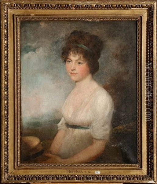 Portrait D'une Dame De Qualite Tenant Un Chapeau De Paille Sur Fond De Paysage Oil Painting - Sir John Hoppner