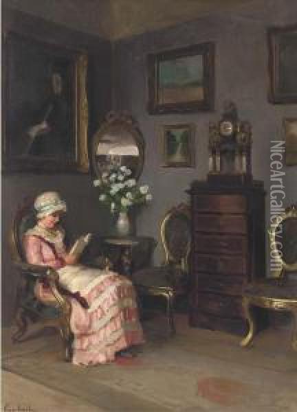A Lady Reading In An Interior Oil Painting - Emil Pap