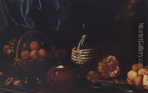 Peaches, Figs And Apples In A Basket, An Earthenware Jar, Salame On A Pewter Plate With A Knife, A Bottle And Bread On A Stone Ledge, A View To A Landscape Beyond Oil Painting - Cristoforo Munari
