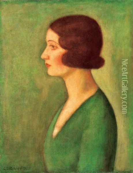 Holgy Zold Bluzban (lady In Green Blouse) Oil Painting - Dezsoe Czigany