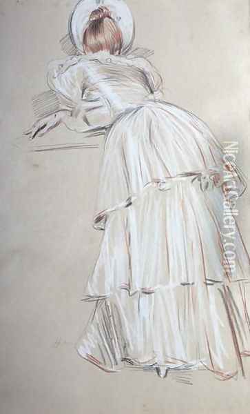 Woman standing leaning from behind Oil Painting - Paul Cesar Helleu