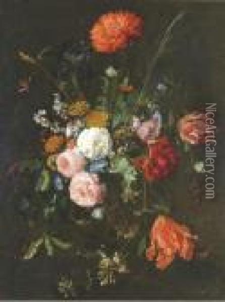 Roses, Tulips, Iris And Wild Flowers In A Vase Oil Painting - Jan Davidsz De Heem