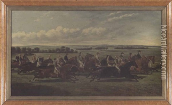 A Flat Race Between Classic Warriors: "sauce Box", "stockwell", "nutwith", "voltigeur", "chanticleer", "flying Dutchman", "teddington" And "west Australian" Oil Painting - Alfred F. De Prades