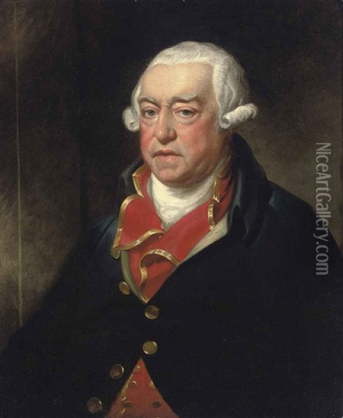 Portrait Of A Gentleman In A Blue Coat And Gold-trimmed Red Waistcoat Oil Painting - Mather Brown