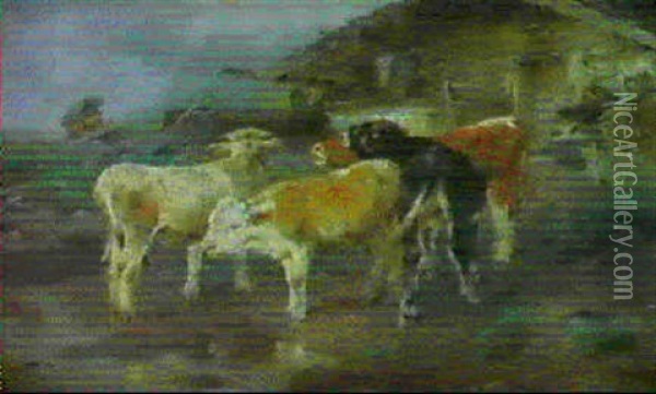 Vor Einer Alm Drangen Sich Verangstigt Vier Jungrinder Oil Painting - Anton Braith