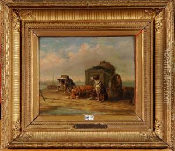Chiens Tirant La Charette De Moules Sur La Plage Oil Painting - Edward Moerenhout