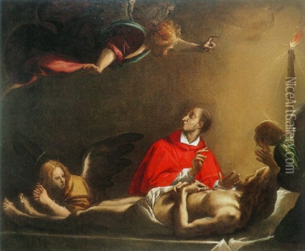 Saint Carlo Borromeo Meditating By The Body Of Christ Oil Painting - Pier Francesco (il Morazzone) Mazzuchelli