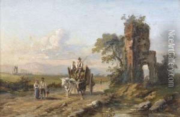 Ochsengespann In Der Romischen Campagna Mit Figurenstaffage Oil Painting - Johann Zahnd
