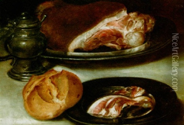 A Still Life With Ham On Pewter Plates, A Bun And A Sugar Jar, All On A Table Covered With A White Table Cloth Oil Painting - Alexander Adriaenssen the Elder