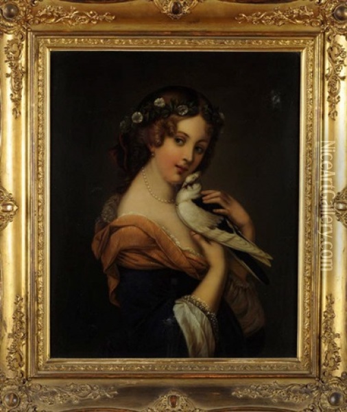 Simple Amour - A Young Woman Holding A Dove Oil Painting - Constant Joseph Brochart