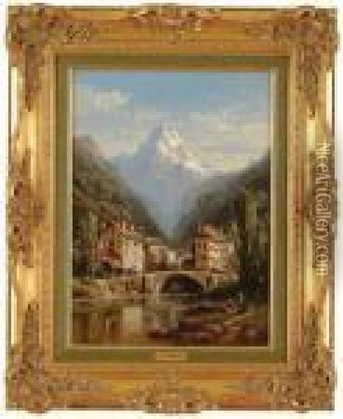 A Town In An Alpine Pass. Oil Painting - Charles Euphrasie Kuwasseg