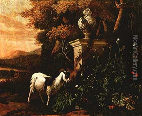 Goats And Birds In A Landscape Oil Painting - Abraham Jansz. Begeyn