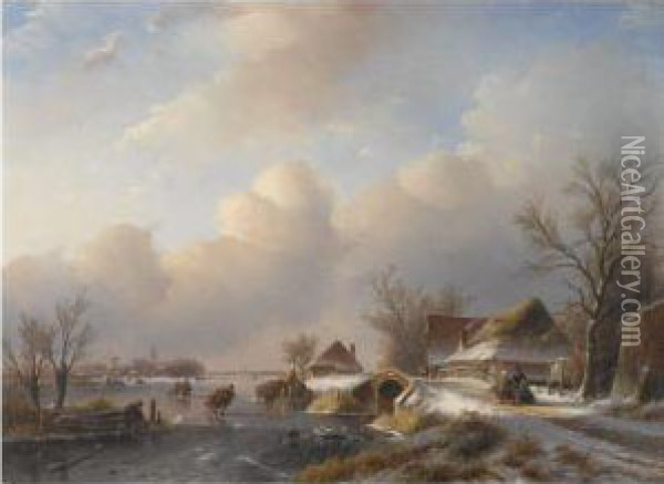 A Winter Landscape With Figures And A Horse Drawn Sleigh By Arefreshment Stall Oil Painting - Jan Jacob Coenraad Spohler