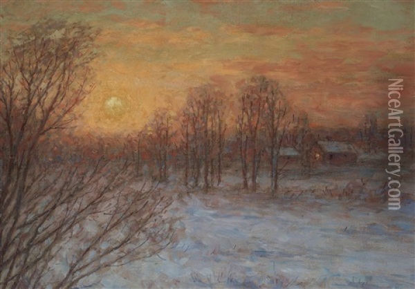 Vinterlandskap Med Lagt Staende Sol Oil Painting - Per Ekstroem