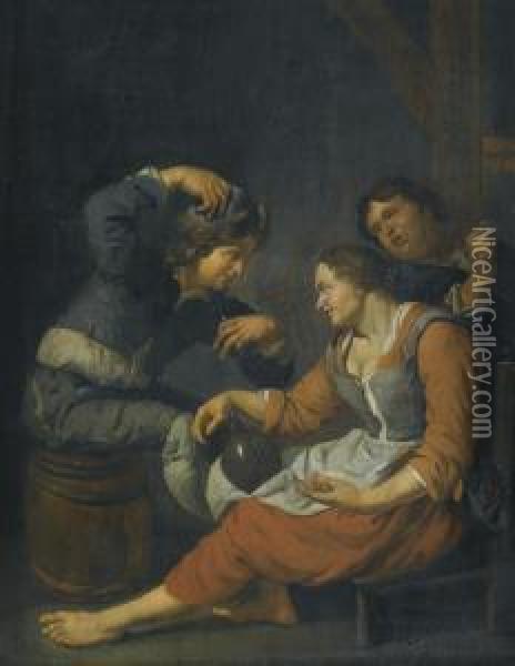 Three Peasants Drinking Oil Painting - Jacob Van Toorenvliet